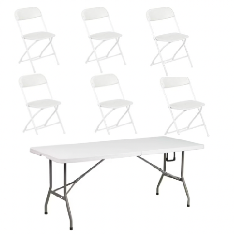 6’ White Rectangle Table and 6 White Folding Chairs Package